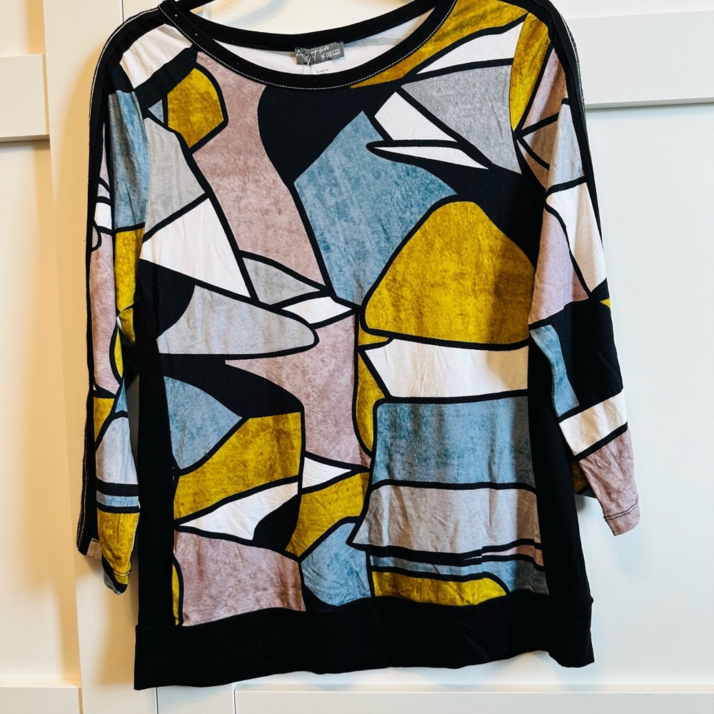 ART Simply DOLCEZZA by Cali Artist Top Multi Abstract L/S Crystals NWT Sz M